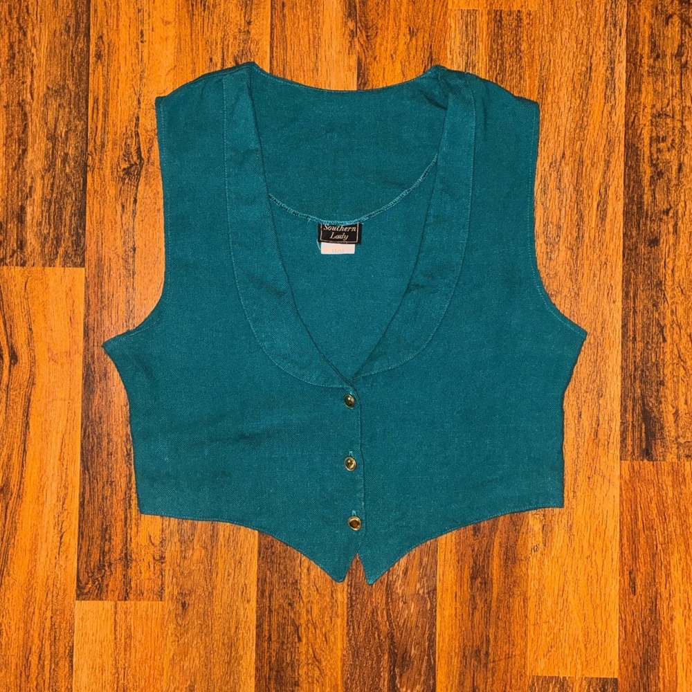 Southern Lady Vintage Teal Green Button Front Cropped Vest Made in USA 15/16